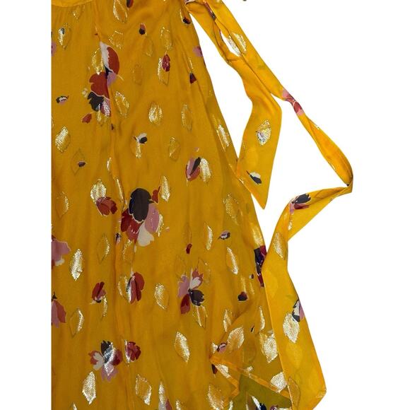 Sézane Silk Floral Wrap Skirt Yellow Gold Metallic Midi 44 US 12 Viscose Lining - Picture 6 of 14